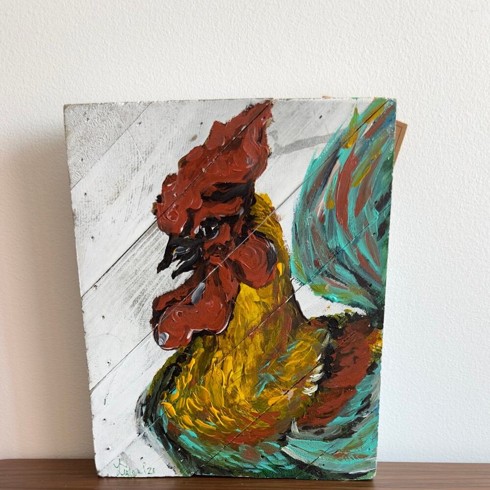 Rooster farmhouse wooden decor - hand painted - 10" x 8"